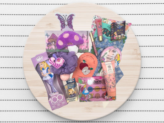 Alice in wonderland gift set for her, spa head band, disney 100 Wet Brush Featuring Alice, clay mask, Alice in Wonderland Cosmetics, mini Alice's Adventures in Wonderland book, 