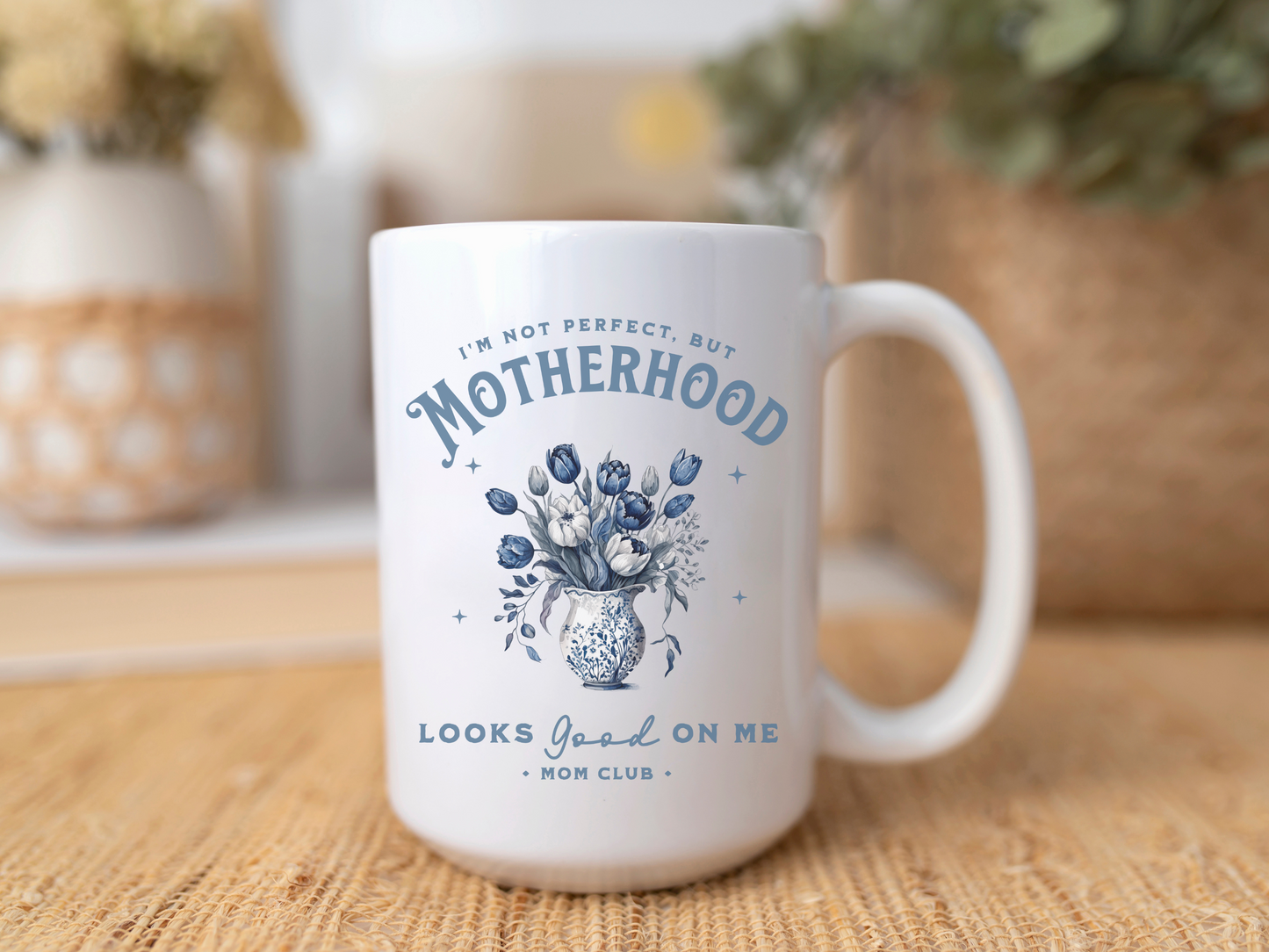 Blue and white floral mom coffee mug 15 ounces, Glam mom,  Mom mug, gift for mom, Whether you're celebrating a new mom, searching for a heartfelt Mother's Day present, or looking for a special gift for a boy mom, this mug is a perfect choice. Its durable ceramic construction ensures long-lasting use, while the comfortable handle provides a secure grip. Designed for both beauty and function, this mug is microwave and dishwasher safe, making it as practical as it is stylish.