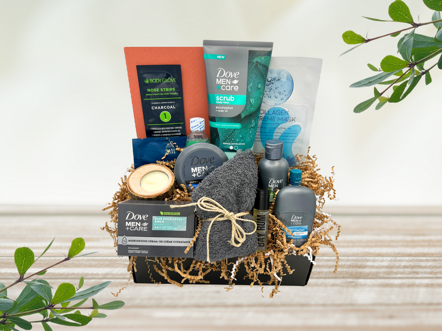 gift box for him, skincare gift box for him, skin care for him, skincare for him, gift box for men, self care gift box for him, gift box for men, dove mens skincare gift box, dove mens moisturizer, bay rum cologne, lip care blistex, skin mask for men, charcoal nose strip