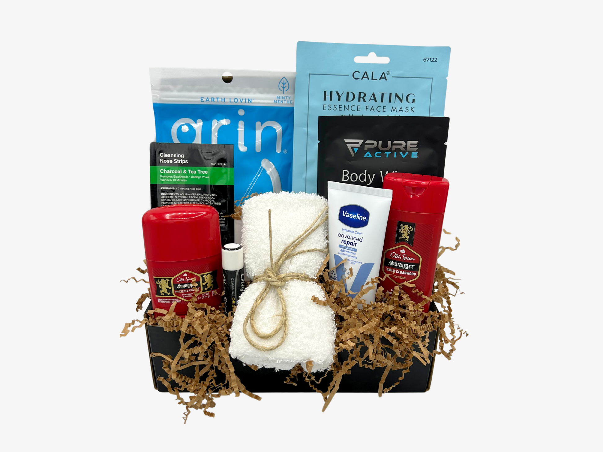 Mens Self Grooming Kit, mens toiletry kit, charcoal nose strip, mens body wipes, hydrating face mask for men, lip care for men, mens gift box, old spice swagger body wask, old spice swagger bar soap, old spice swagger body wash, military care package