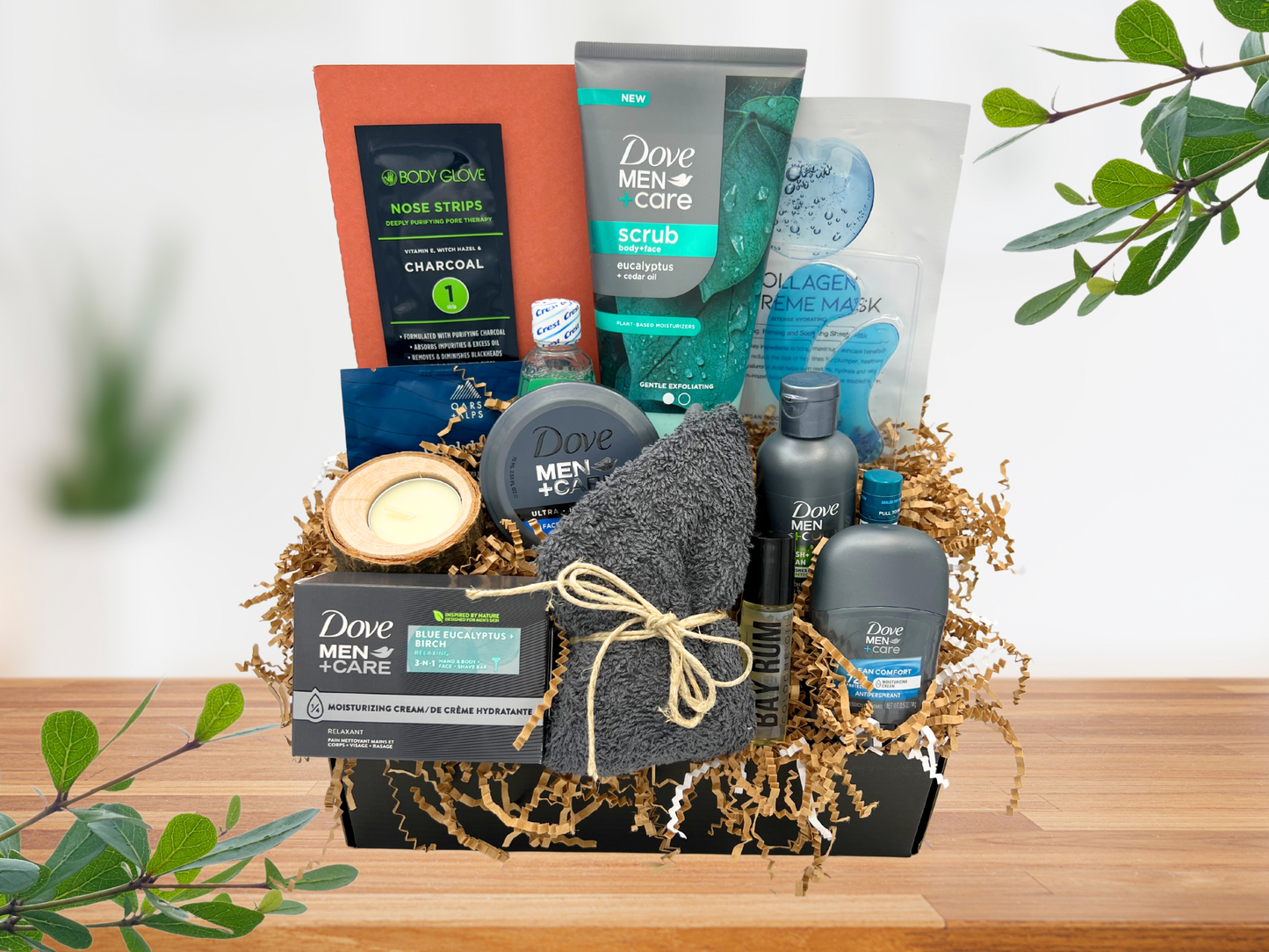 dove gift box for men, gift basket with dove for men, dove for men self care gift box, dove for men gift basket, journal for mens self care, body wipes for men, bay rum cologne for men, face and body care for men