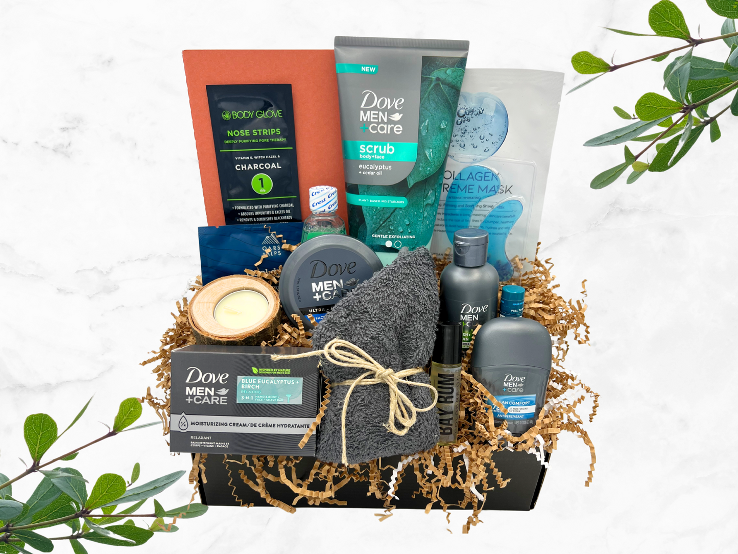 military care package for him, military care package for men, skin care gift box for men, care package for military, self care kit for him with joural, gift box for him, skincare gift box for him, skin care for him, skincare for him, gift box for men, self care gift box for him, gift box for men, bay rum cologne, dove mens shampoo, dove mens gift basket