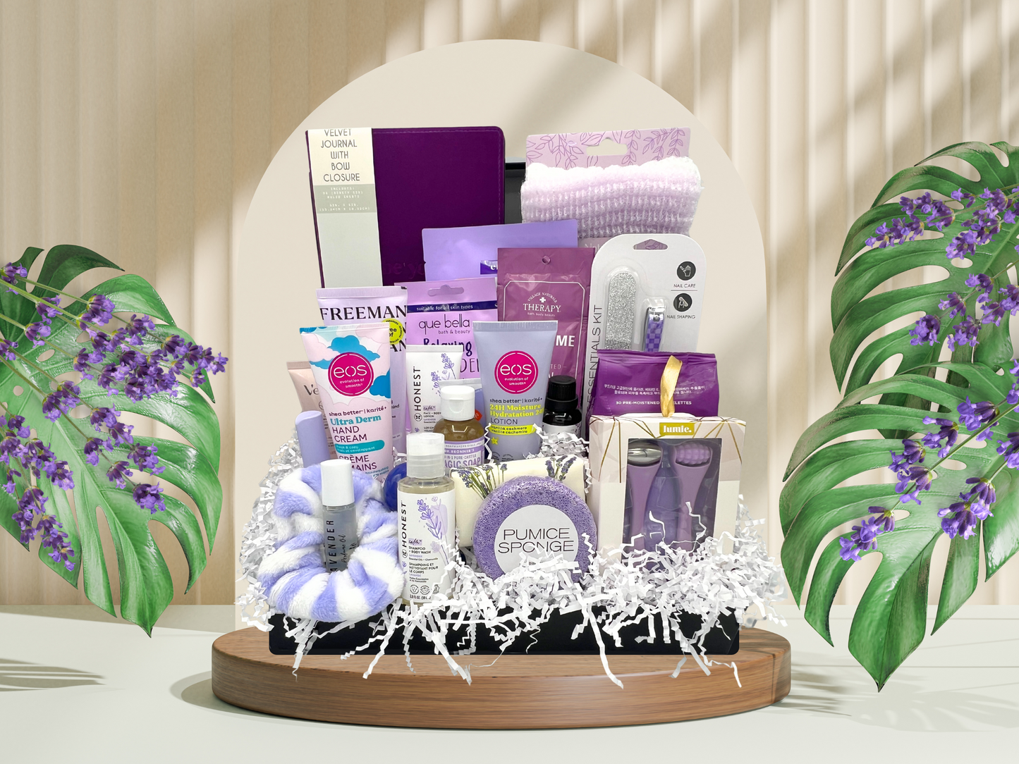 lavender self-care gift box, gift set for women, calming gift set, relaxation gift set,  Stress Relief Spa Gift Set—a luxurious collection of handpicked products designed to help you unwind, relax, and rejuvenate from head to toe. Whether you're treating yourself or surprising a loved one, this all-in-one spa gift box is perfect for soothing stress and restoring balance.