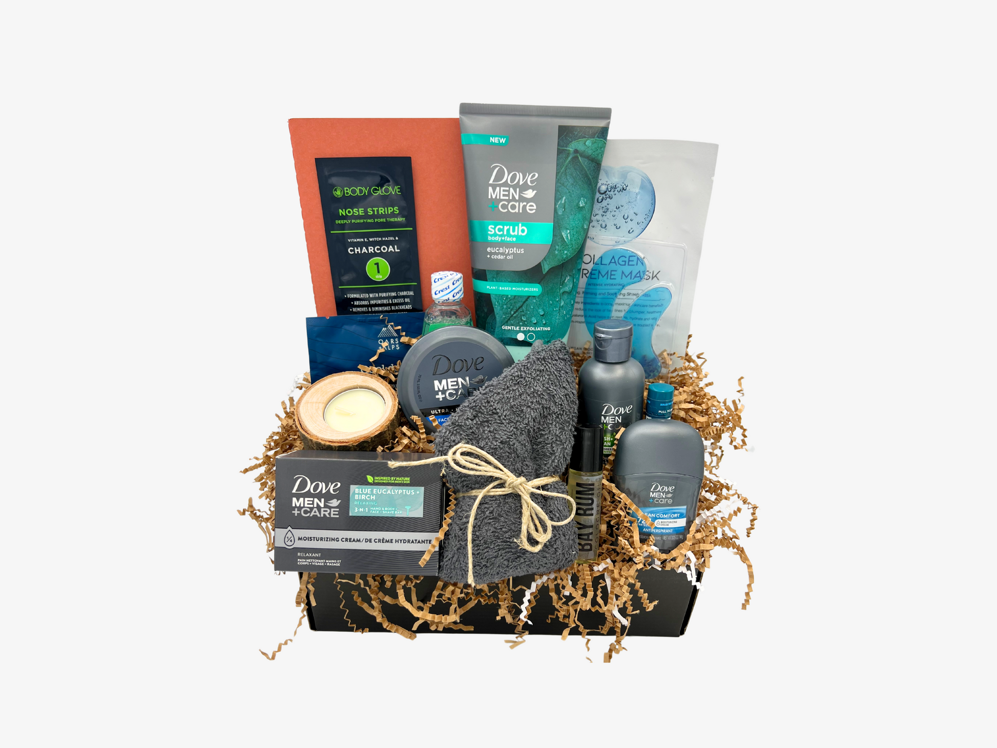 mens self care gift set, skincare gift box for men, charcoal nose strip, military gift box, mens toiletry kit, mens grooming gift box, journal for men, skin mask for men, sheet mask for men, dove mens moisturizer, dove mens shampoo, dove mens care soap, dove mens deodorant, cotton cleansing cloth, minty mouthwash, under eye moisturizing gel pads